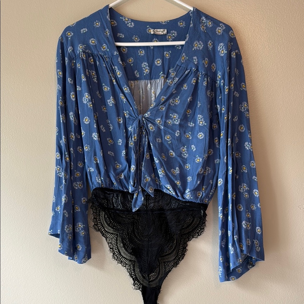 Free People Blue Floral Blouse with Black Lace